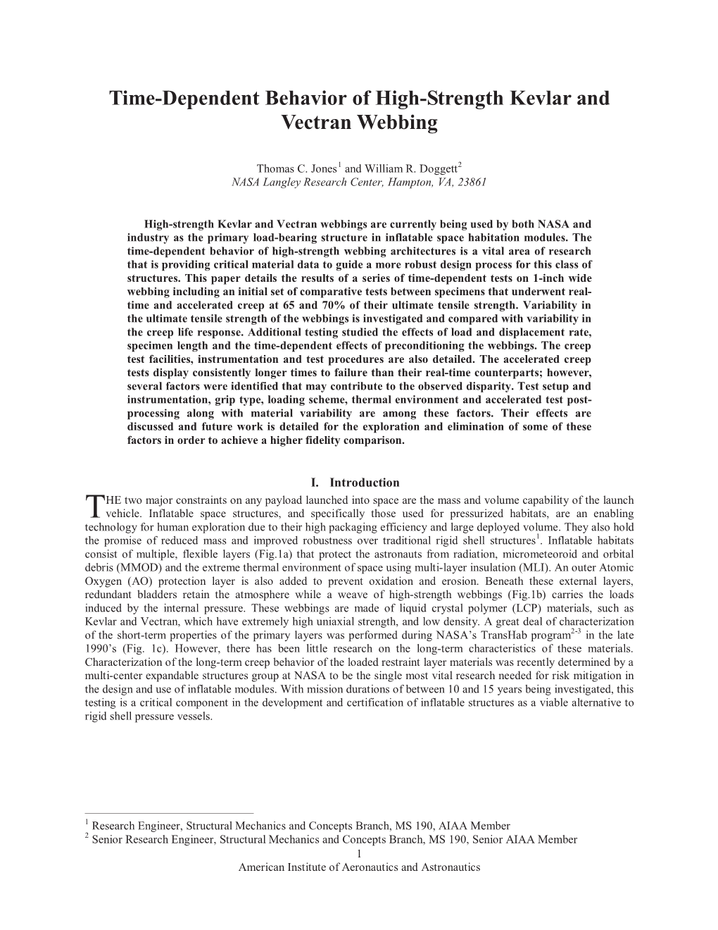 Time-Dependent Behavior of High-Strength Kevlar and Vectran Webbing