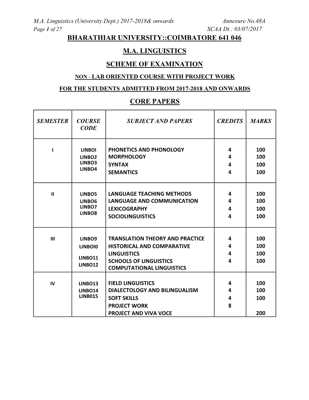 Coimbatore 641 046 Ma Linguistics Scheme Of