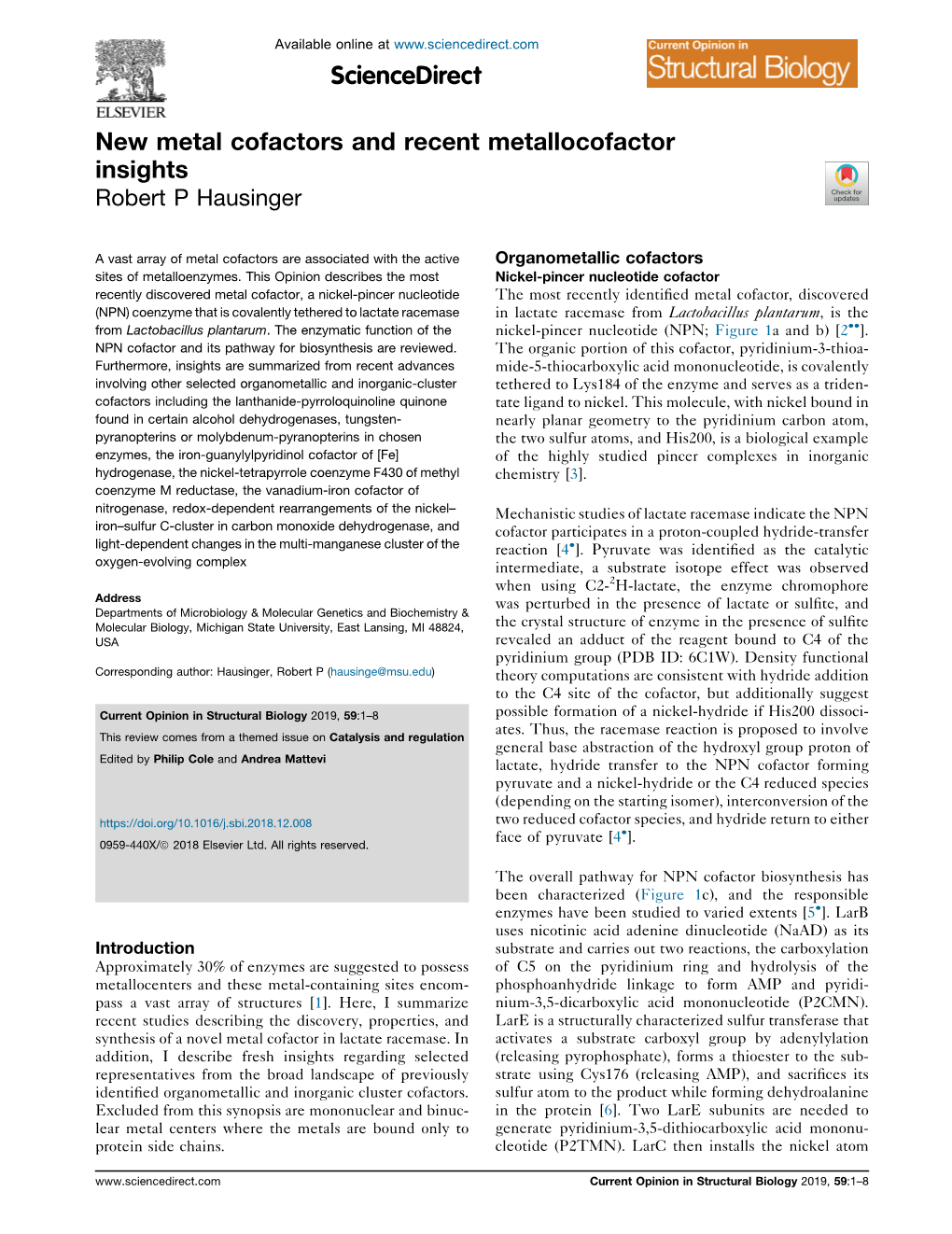 New Metal Cofactors and Recent Metallocofactor Insights Hausinger 3