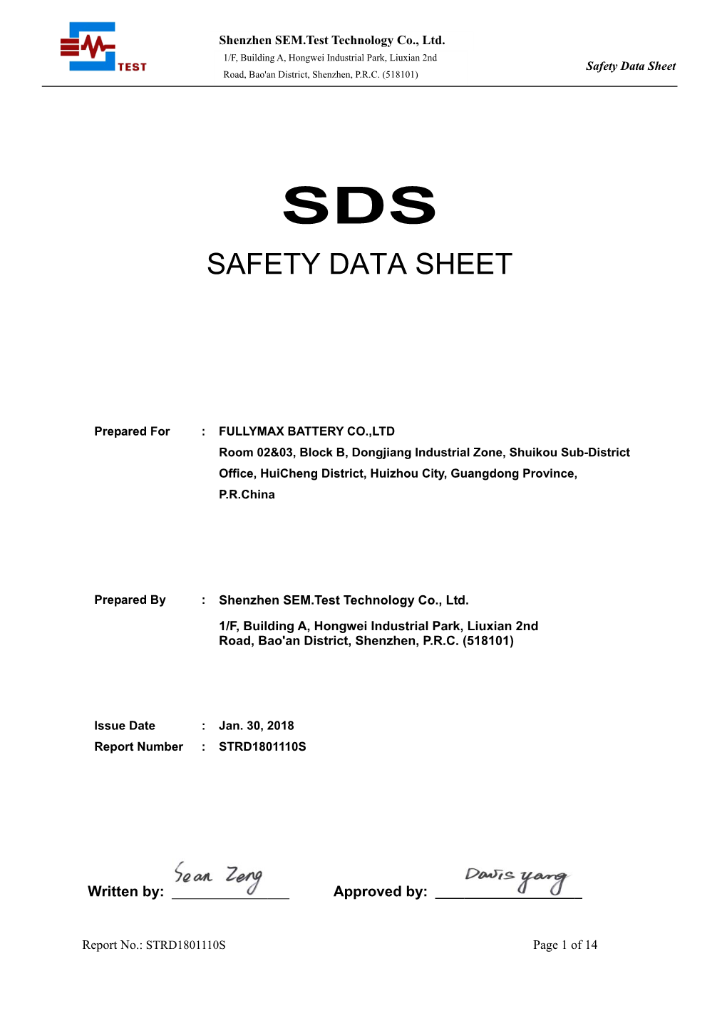 Safety Data Sheet Road, Bao'an District, Shenzhen, P.R.C