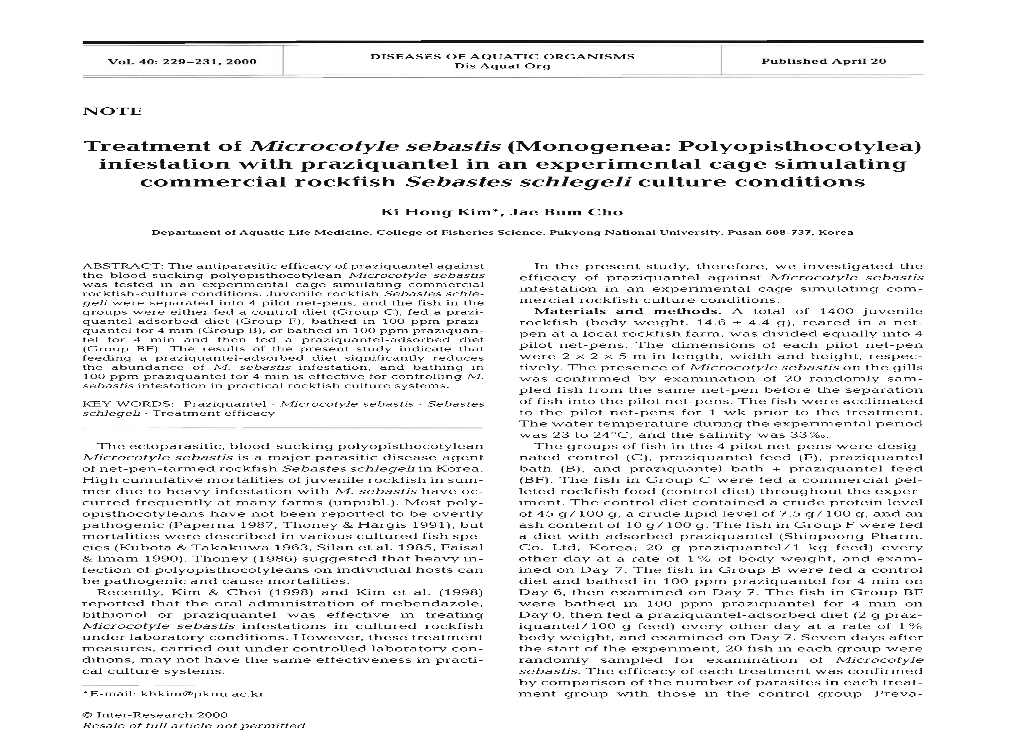 Treatment of Microcotyle Sebastis (Monogenea: Polyopisthocotylea