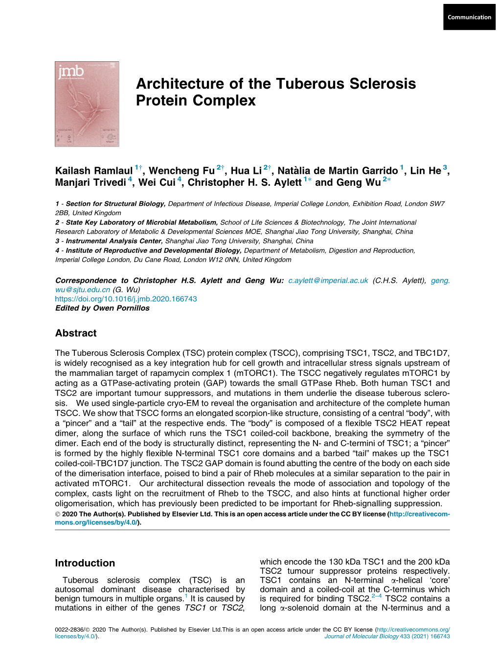 Architecture of the Tuberous Sclerosis Protein Complex
