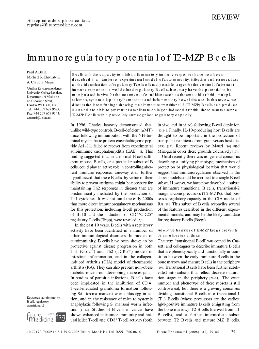 Immunoregulatory Potential of T2-MZP B Cells