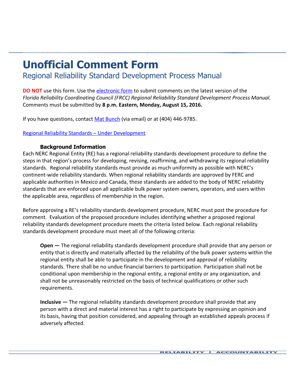 NERC Document Portrait (Unofficial Comment Form)