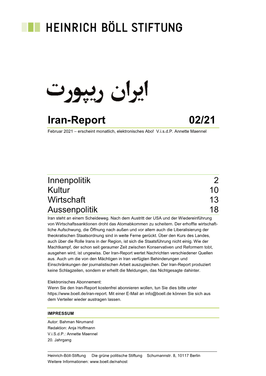 Iran-Report 02/21 Februar 2021 – Erscheint Monatlich, Elektronisches Abo! V.I.S.D.P