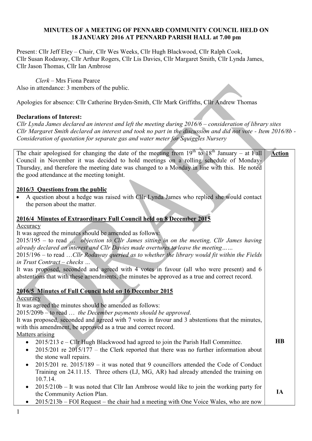MINUTES of a MEETING of PENNARD COMMUNITY COUNCIL HELD on 18 JANUARY 2016 at PENNARD PARISH HALL at 7.00 Pm