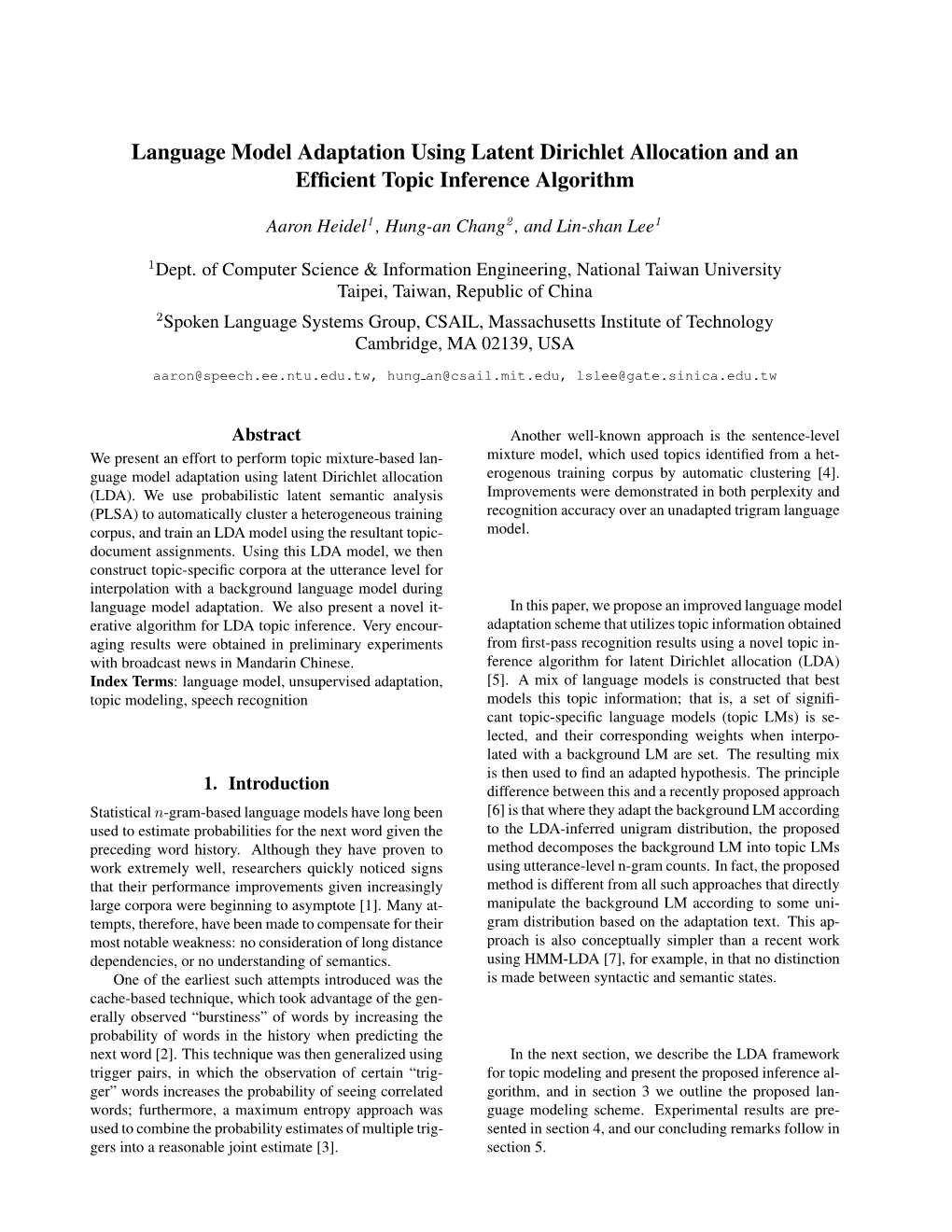 Language Model Adaptation Using Latent Dirichlet Allocation and an Efﬁcient Topic Inference Algorithm