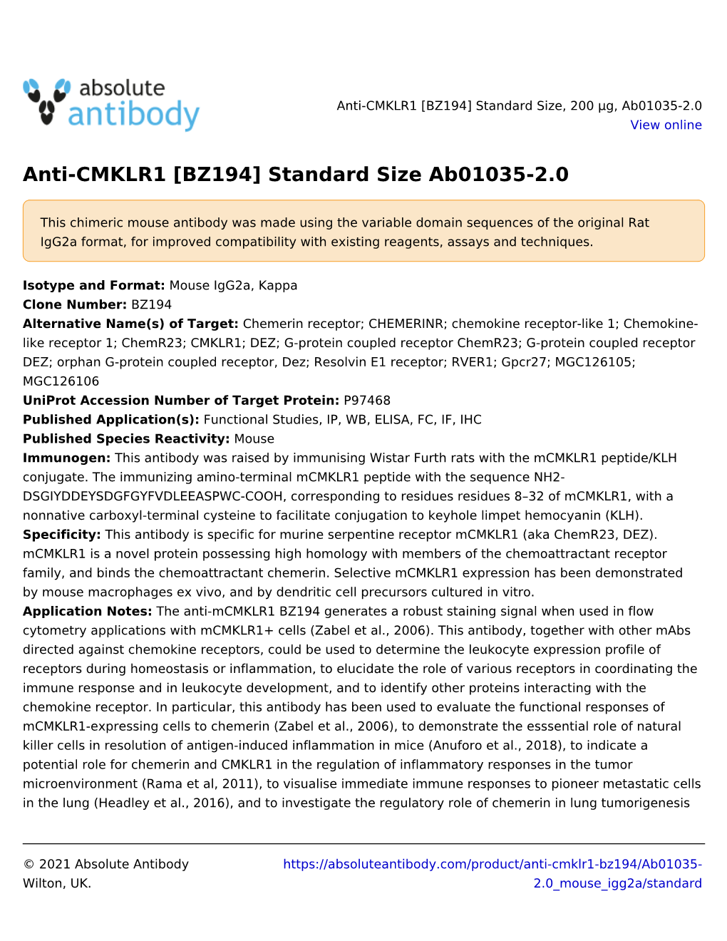 Anti-CMKLR1 [BZ194] Standard Size, 200 Μg, Ab01035-2.0 View Online