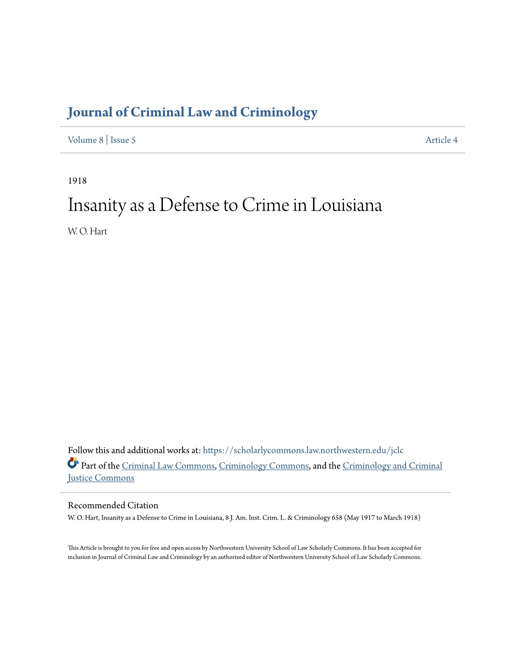 Insanity As a Defense to Crime in Louisiana W