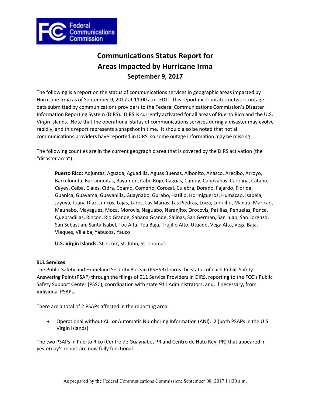 Communications Status Report for Areas Impacted by Hurricane Irma September 9, 2017
