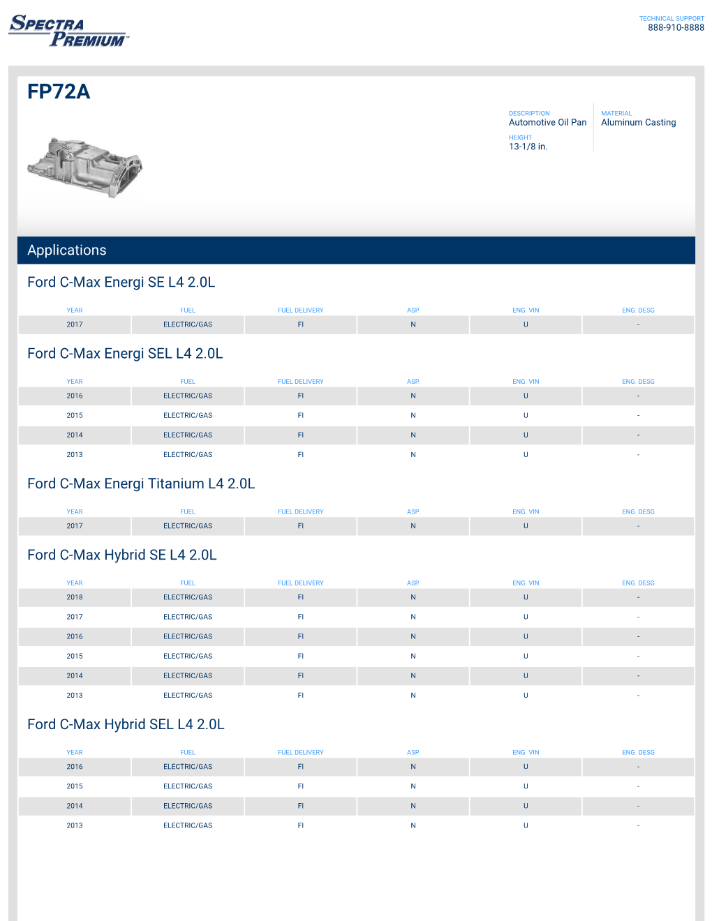 Applications Ford C-Max Energi SE L4 2.0L Ford C