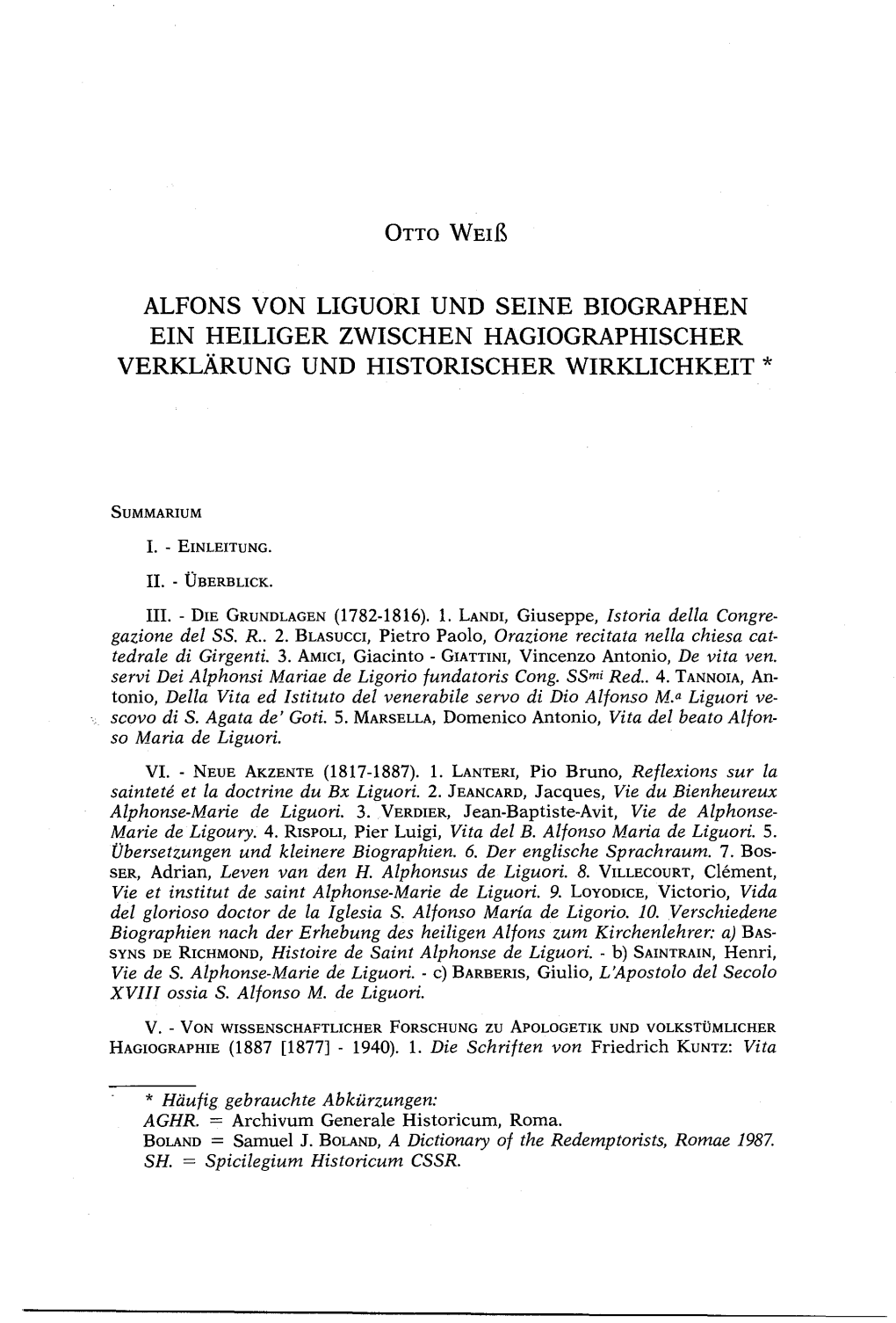 Alfons Von Liguori Und Seine Biographen Ein Heiliger Zwischen Hagiographischer Verklärung Und Historischer Wirklichkeit *