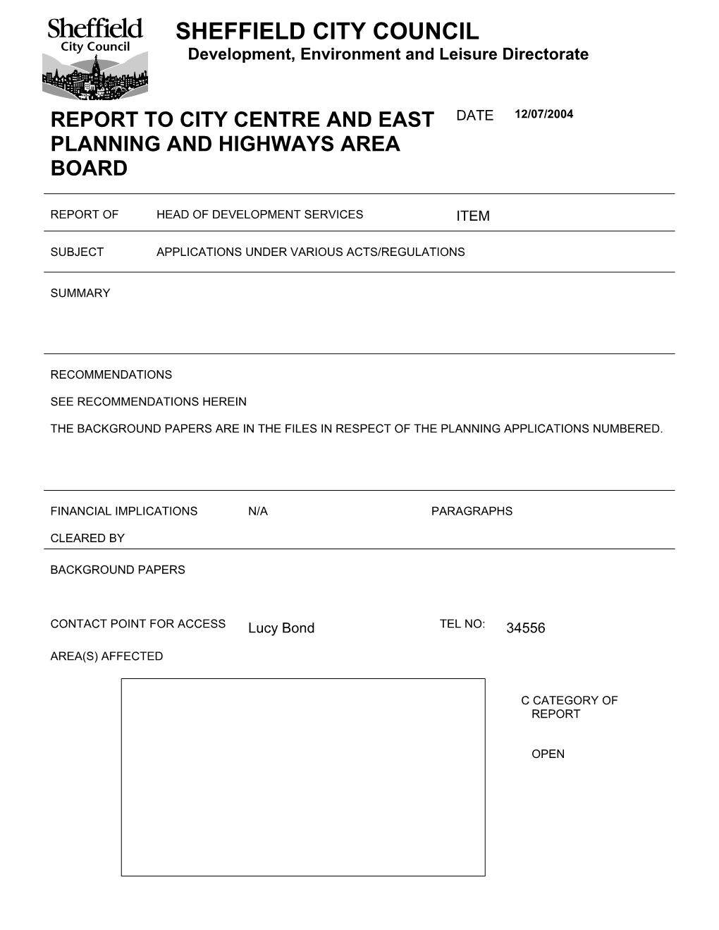 Report to City Centre and East Planning and Highways Area Board