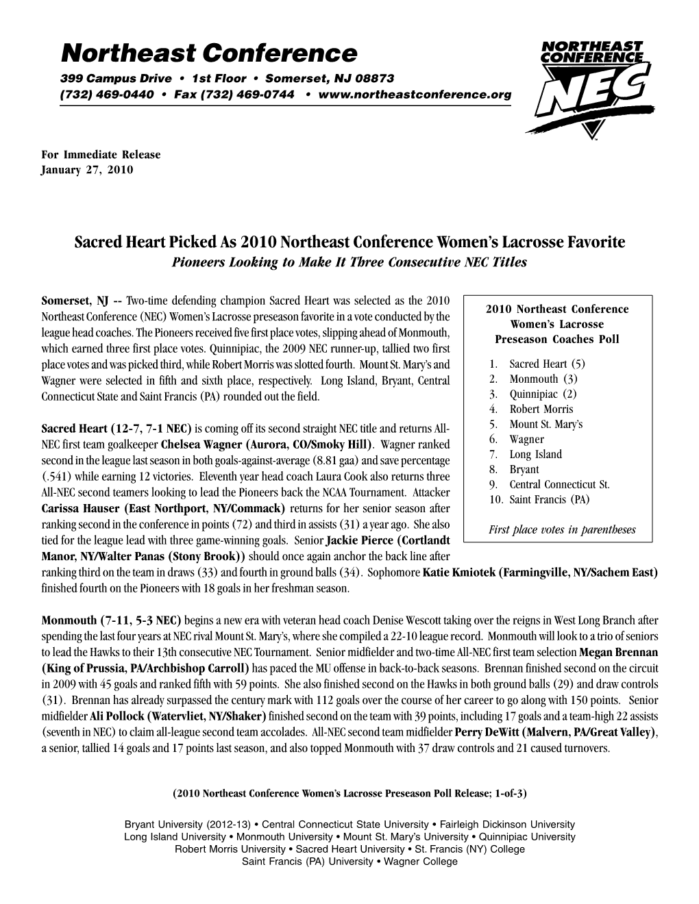 Sacred Heart Picked As 2010 Northeast Conference Women’S Lacrosse Favorite Pioneers Looking to Make It Three Consecutive NEC Titles