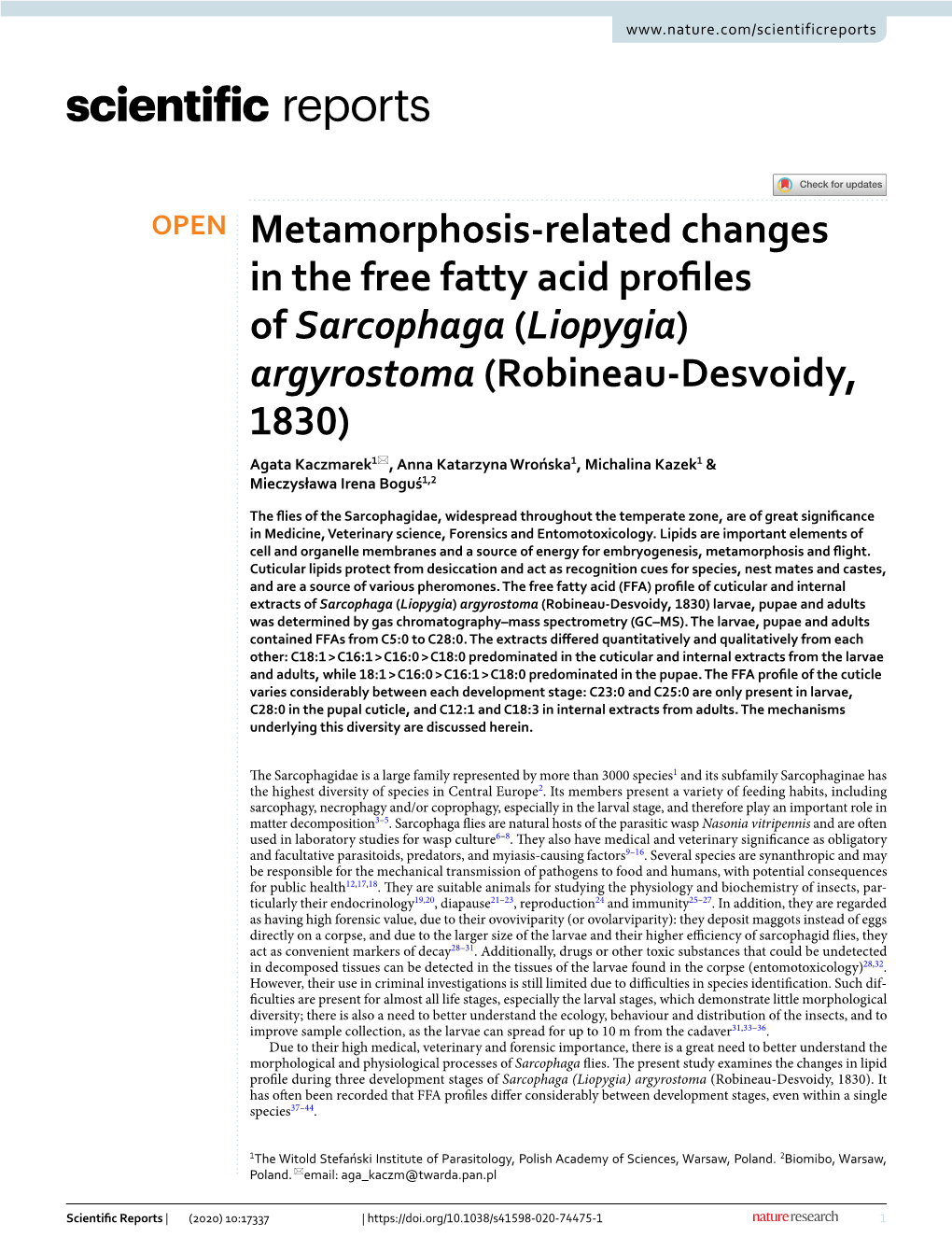 Liopygia) Argyrostoma (Robineau-Desvoidy, 1830) Larvae, Pupae and Adults Was Determined by Gas Chromatography–Mass Spectrometry (GC–MS