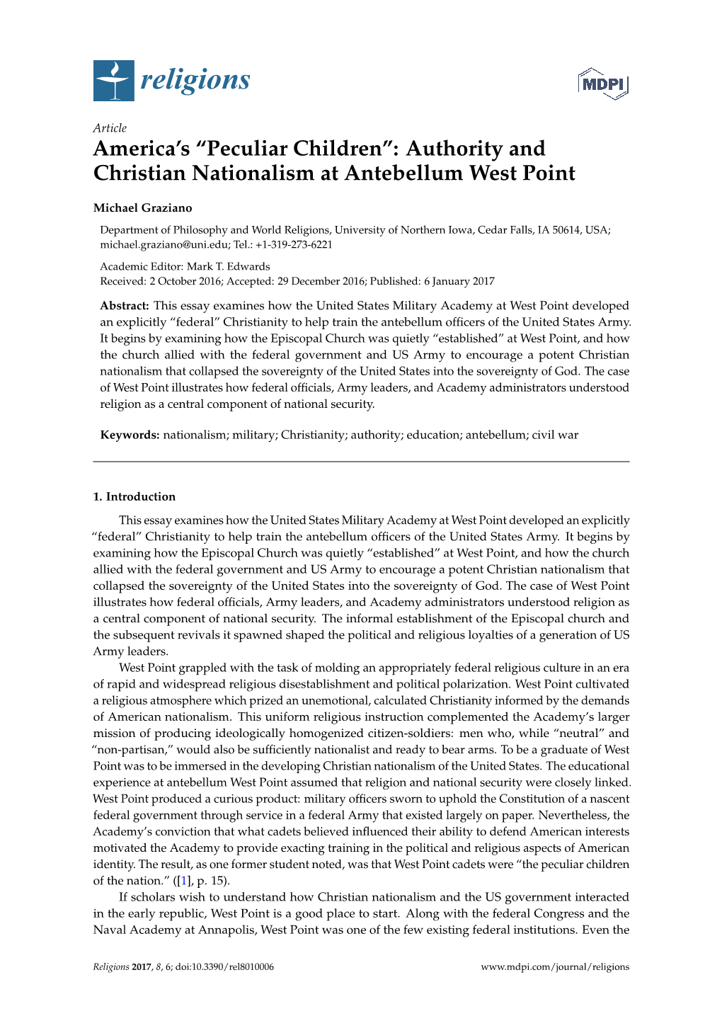 America's “Peculiar Children”: Authority and Christian Nationalism at Antebellum West Point