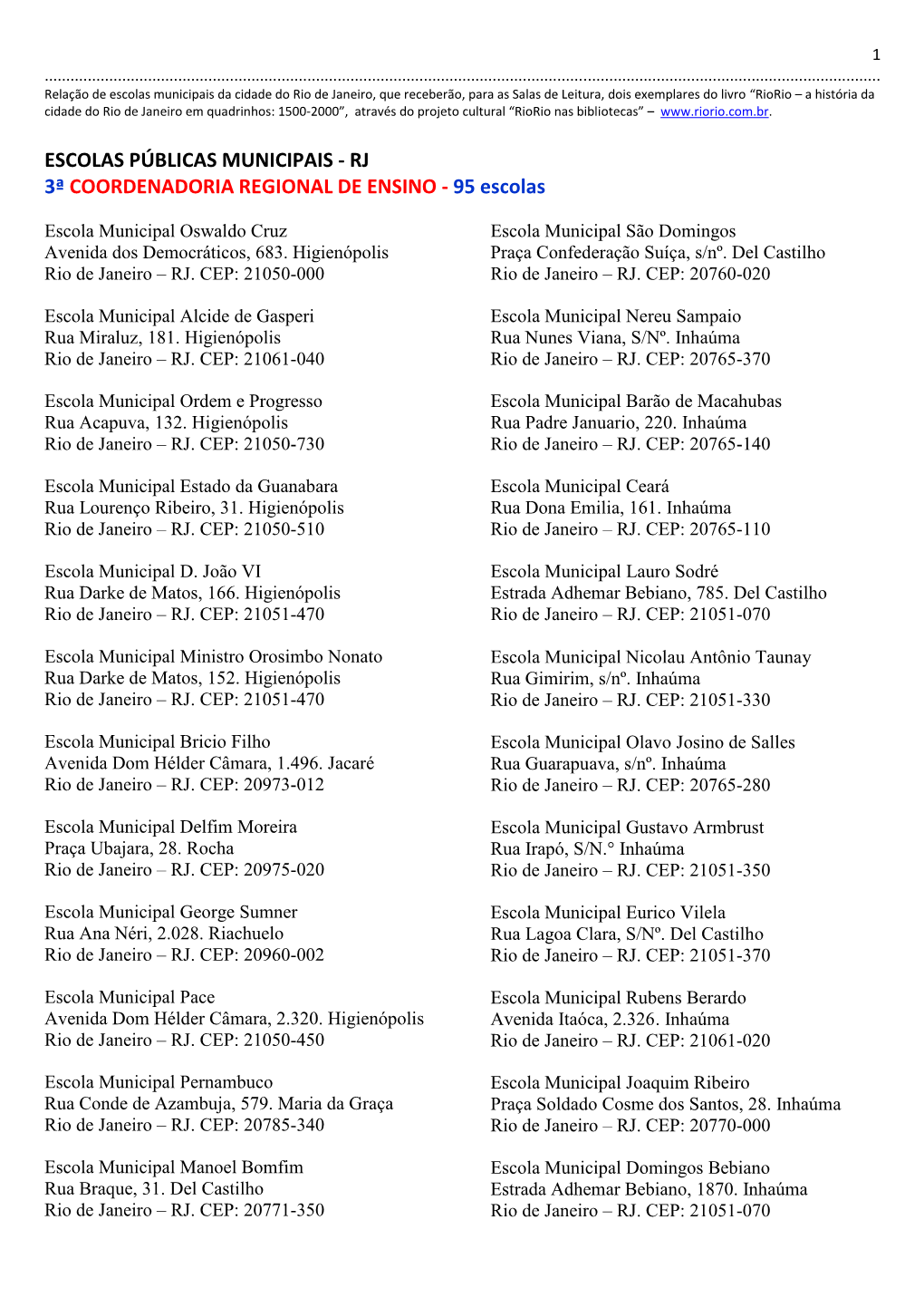 ESCOLAS PÚBLICAS MUNICIPAIS - RJ 3ª COORDENADORIA REGIONAL DE ENSINO - 95 Escolas