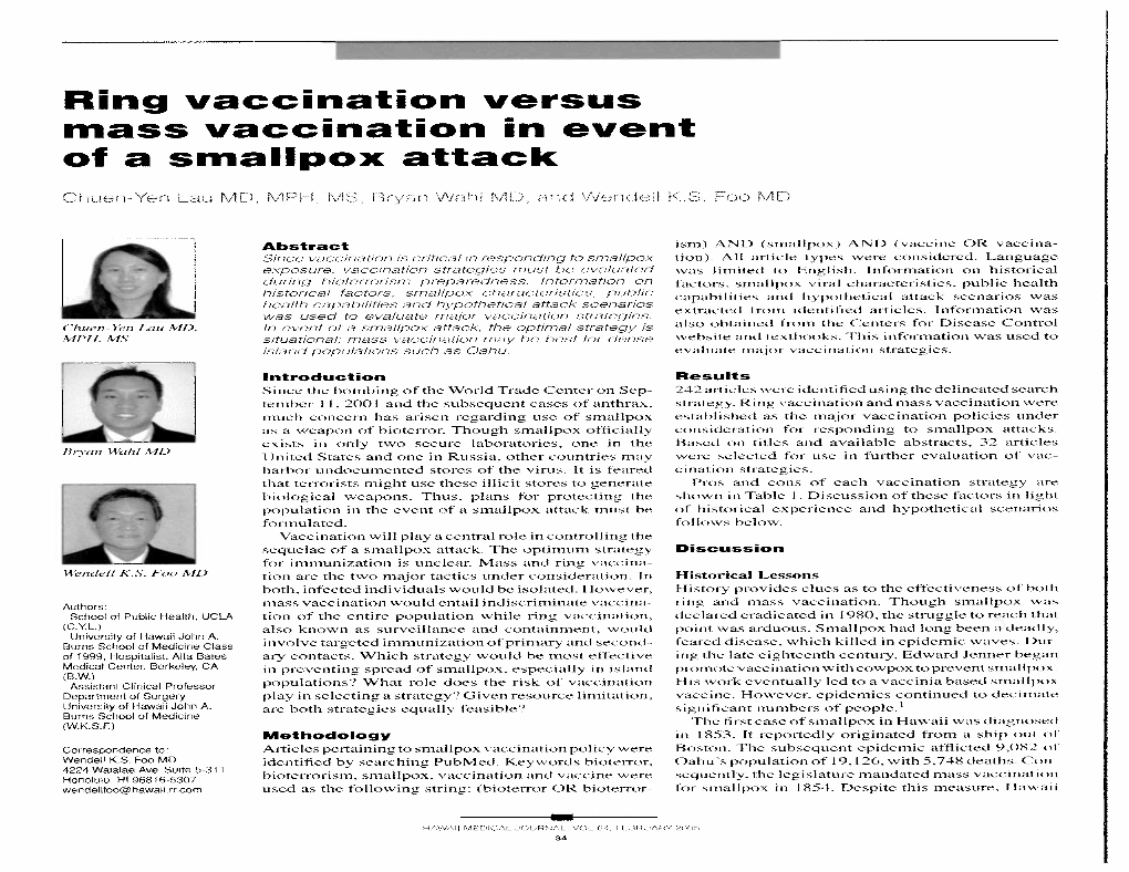 Ring Vaccination Versus Mass Vaccination in Event of a Smallpox