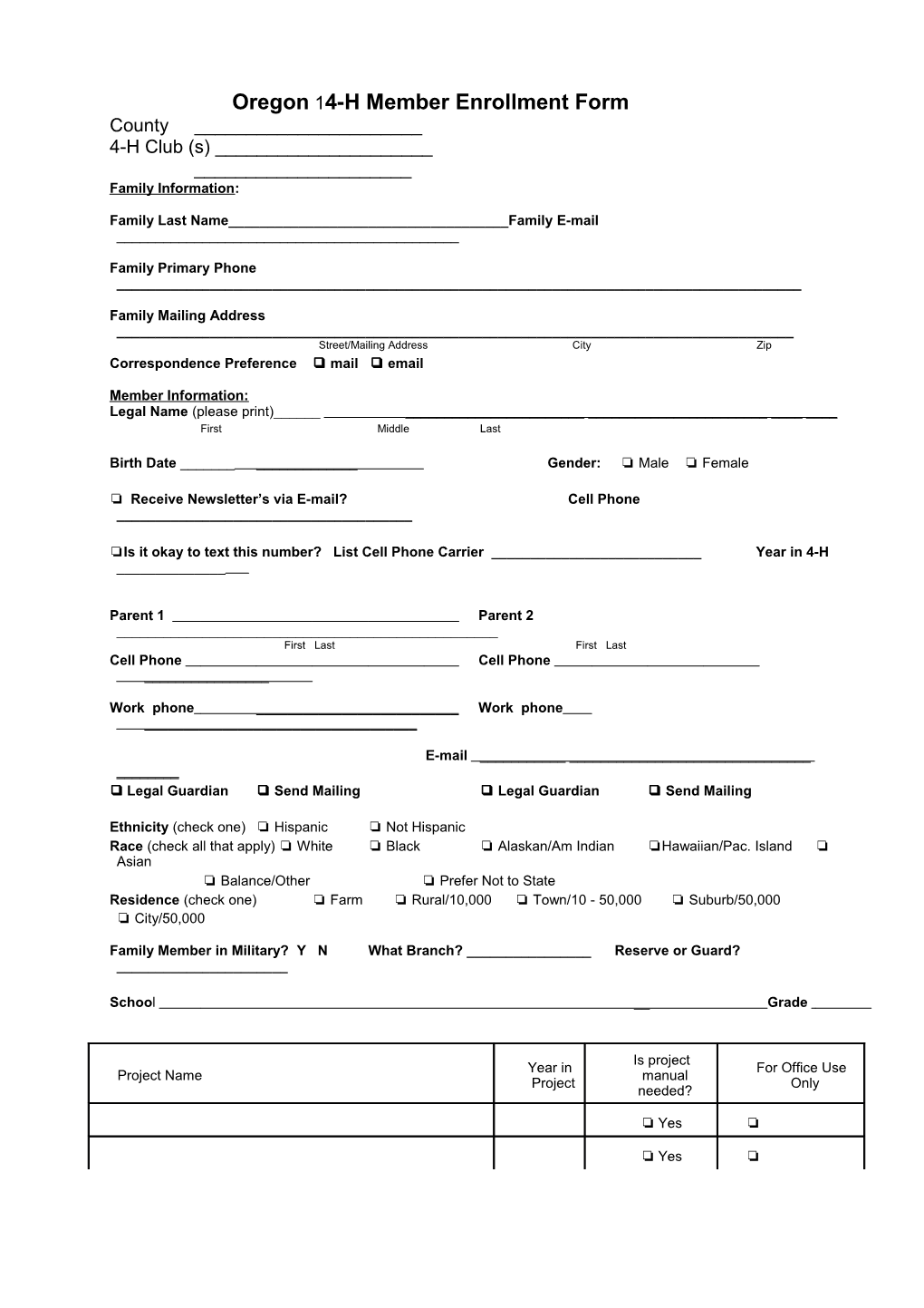 4-H Member Enrollment Form County ______ s1