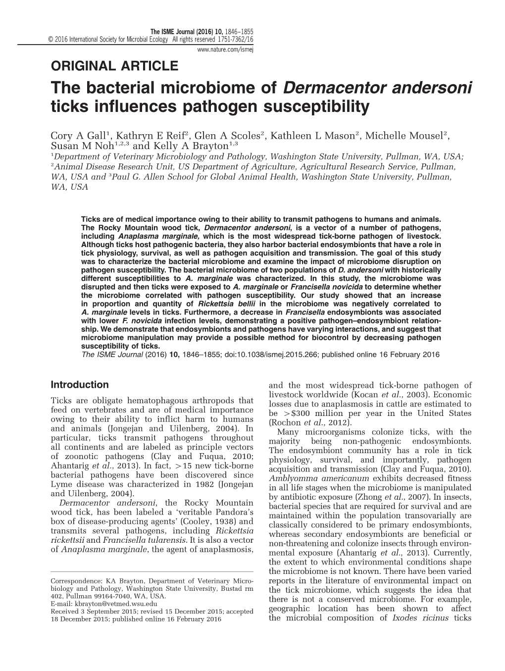 The Bacterial Microbiome of Dermacentor Andersoni Ticks Influences Pathogen Susceptibility