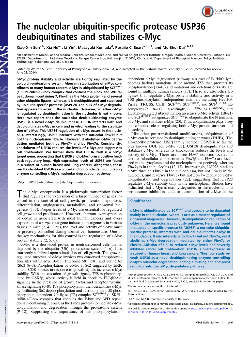 The Nucleolar Ubiquitin-Specific Protease USP36 Deubiquitinates and Stabilizes C-Myc