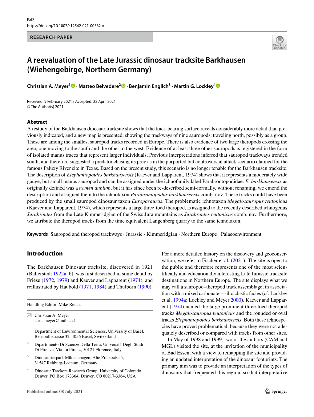 A Reevaluation of the Late Jurassic Dinosaur Tracksite Barkhausen (Wiehengebirge, Northern Germany)