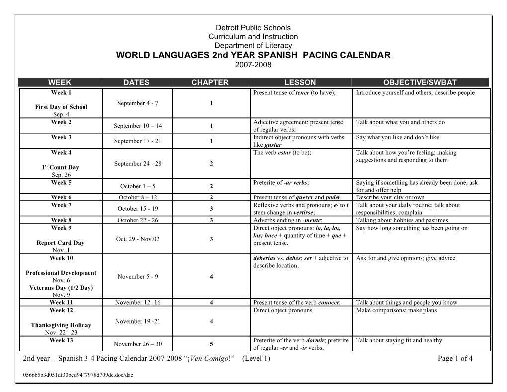 WORLD LANGUAGES 2Nd YEAR SPANISH PACING CALENDAR