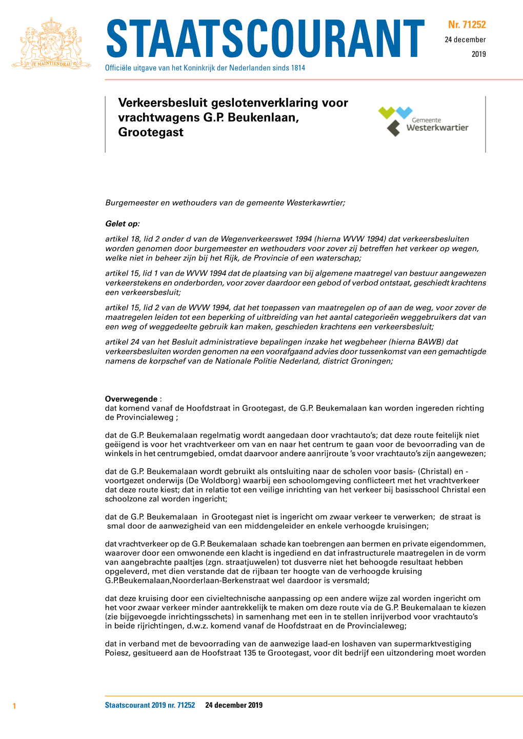 Verkeersbesluit Geslotenverklaring Voor Vrachtwagens G.P. Beukenlaan, Grootegast