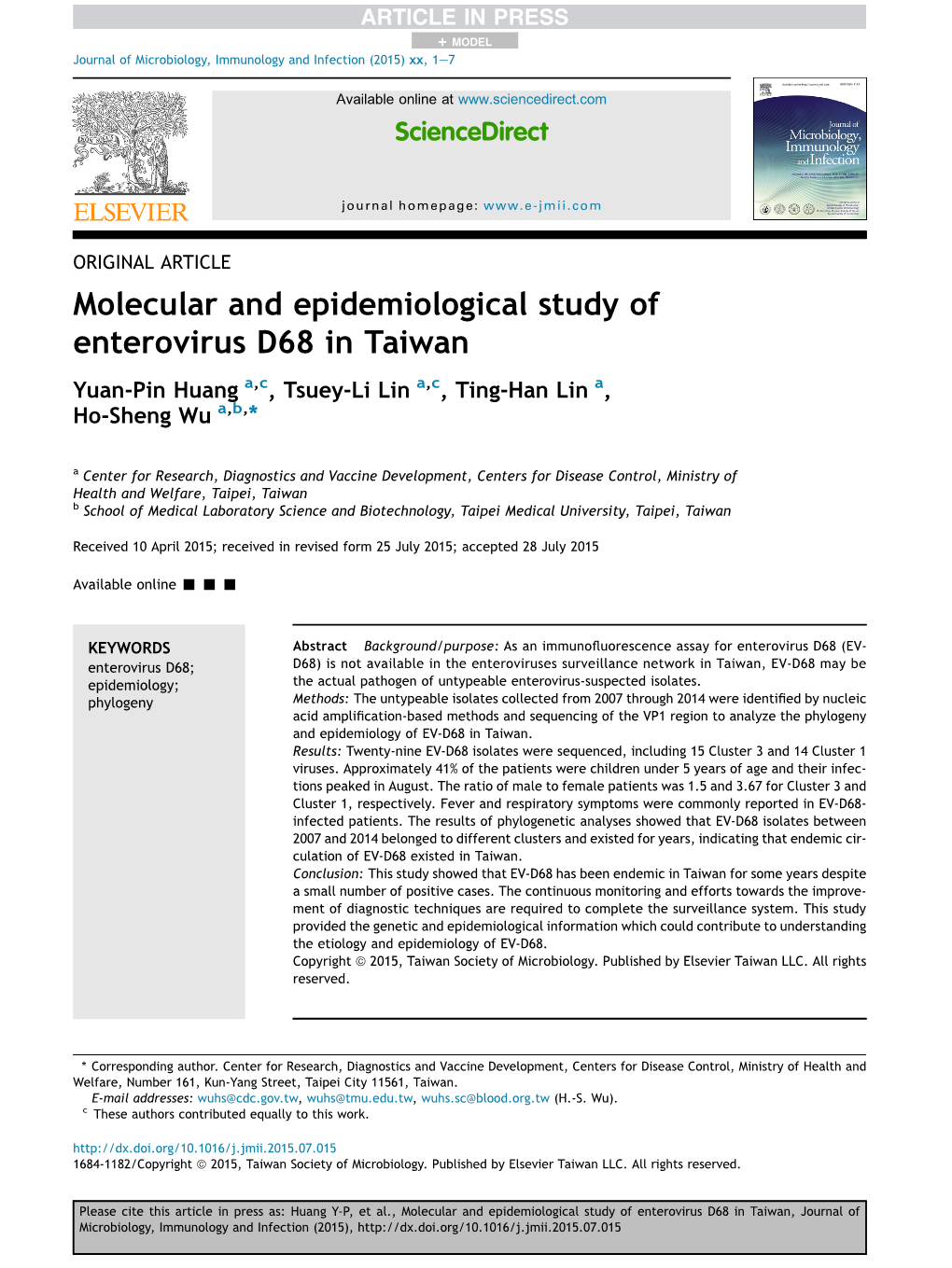 Molecular and Epidemiological Study of Enterovirus D68 in Taiwan