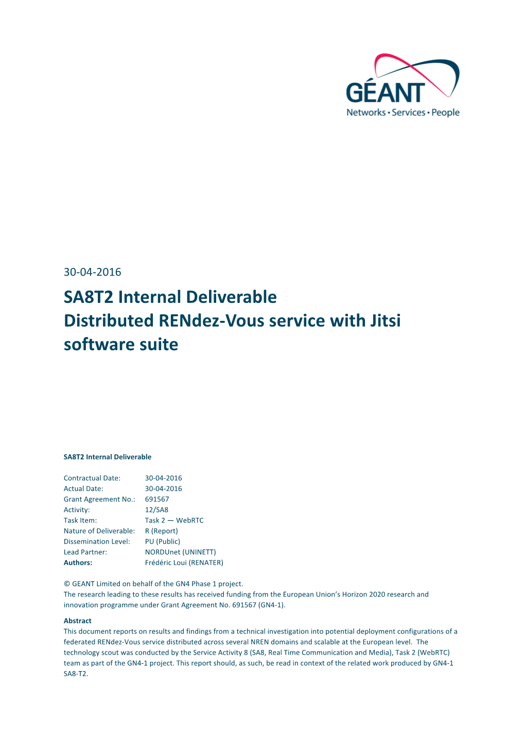 SA8T2 Internal Deliverable Distributed Rendez-Vous Service with Jitsi Software Suite