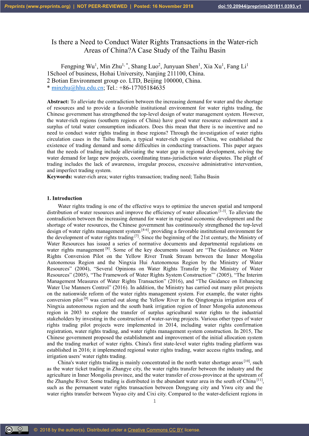 Is There a Need to Conduct Water Rights Transactions in the Water-Rich Areas of China?A Case Study of the Taihu Basin