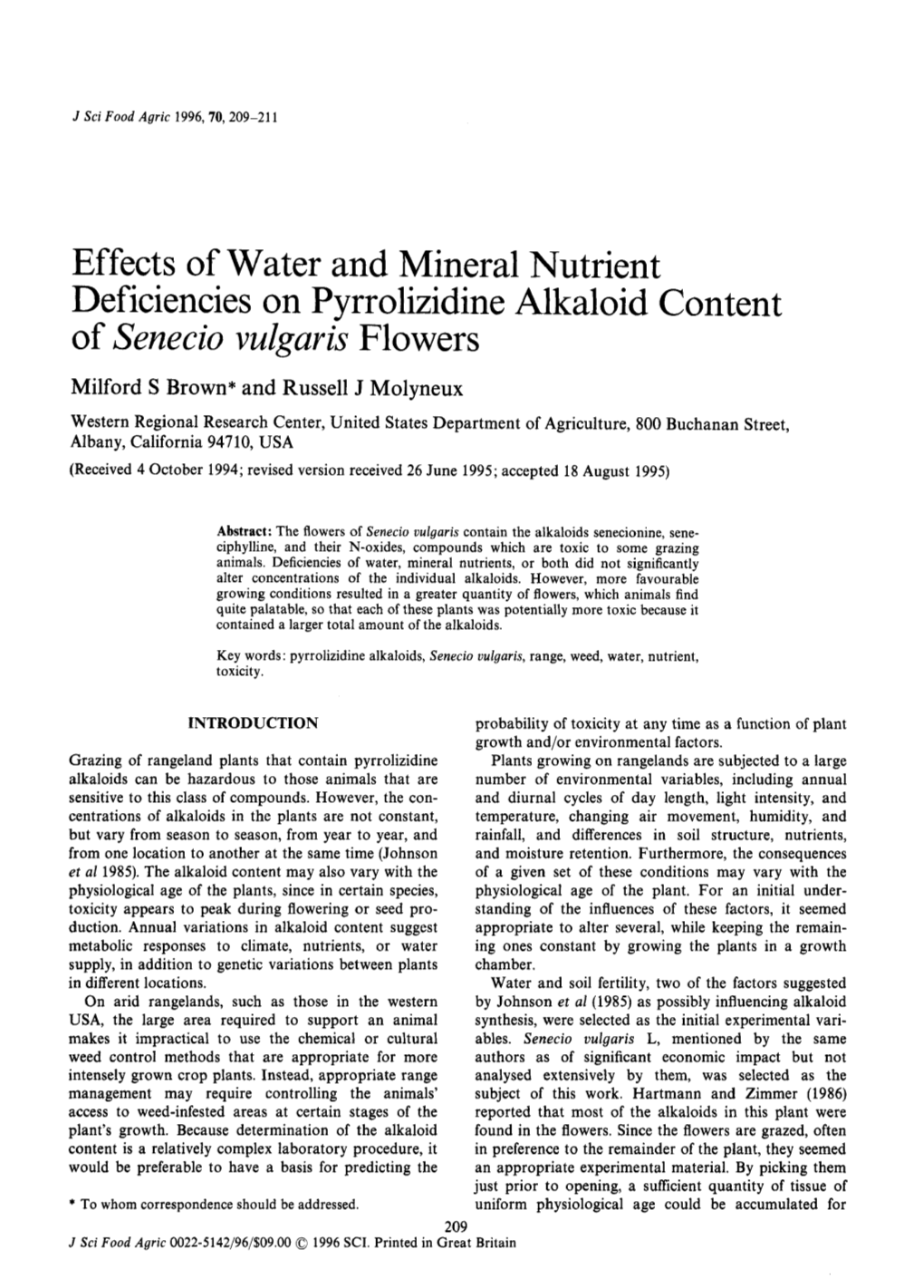 Effects of Water and Mineral Nutrient Deficiencies on Pyrrolizidine Alkaloid Content Ofsenecio Vulgarisflowers