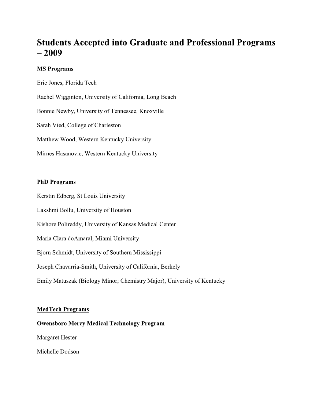 Students Accepted Into Graduate and Professional Programs – 2009