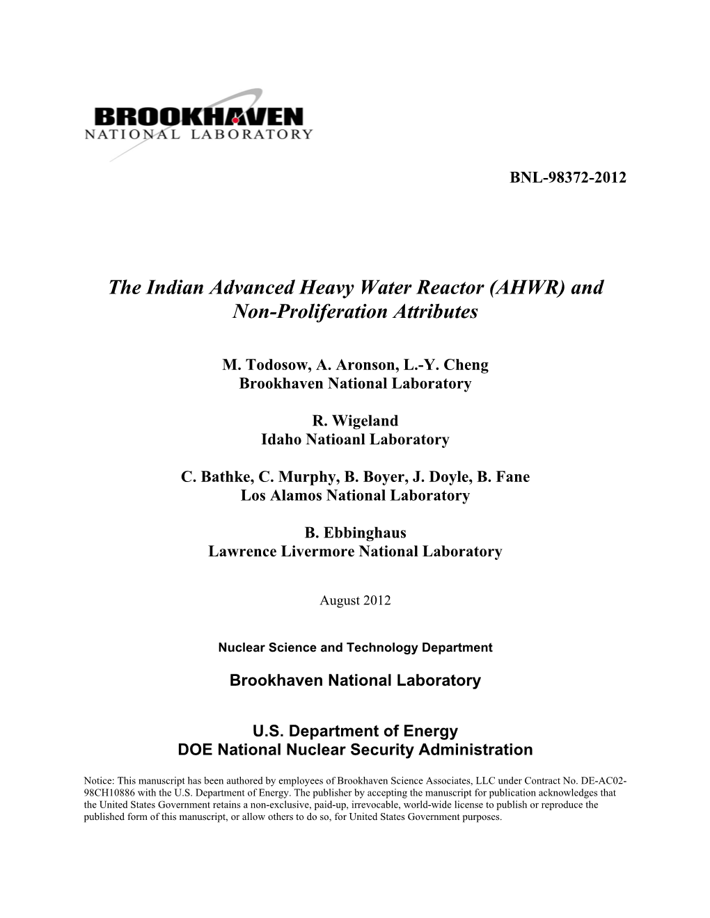 The Indian Advanced Heavy Water Reactor (AHWR) and Non-Proliferation Attributes