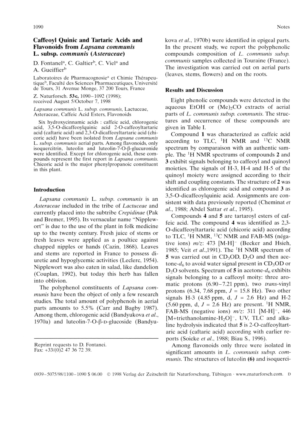 Caffeoyl Quinic and Tartaric Acids and Flavonoids from Lapsana