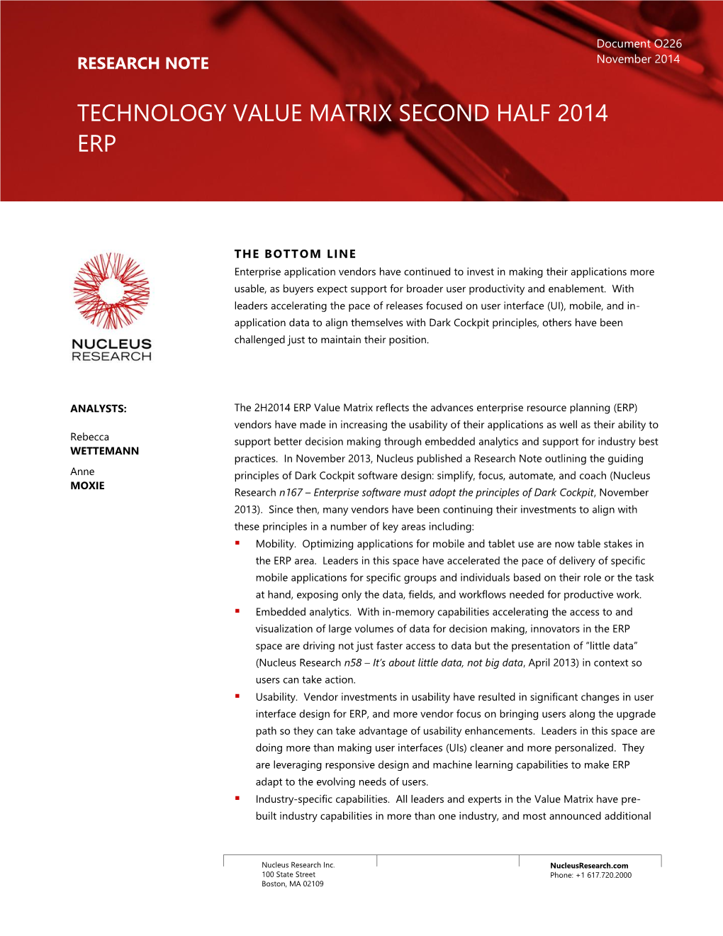 Value Matrix Second Half 2014 Erp