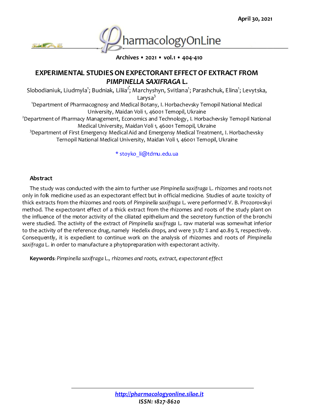 Experimental Studies on Expectorant Effect of Extract from Pimpinella Saxifraga L