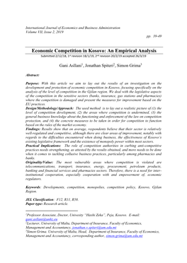 Economic Competition in Kosovo: an Empirical Analysis Submitted 2/12/18, 1St Revision 18/1/19, 2Nd Revision 20/2/19 Accepted 26/3/19