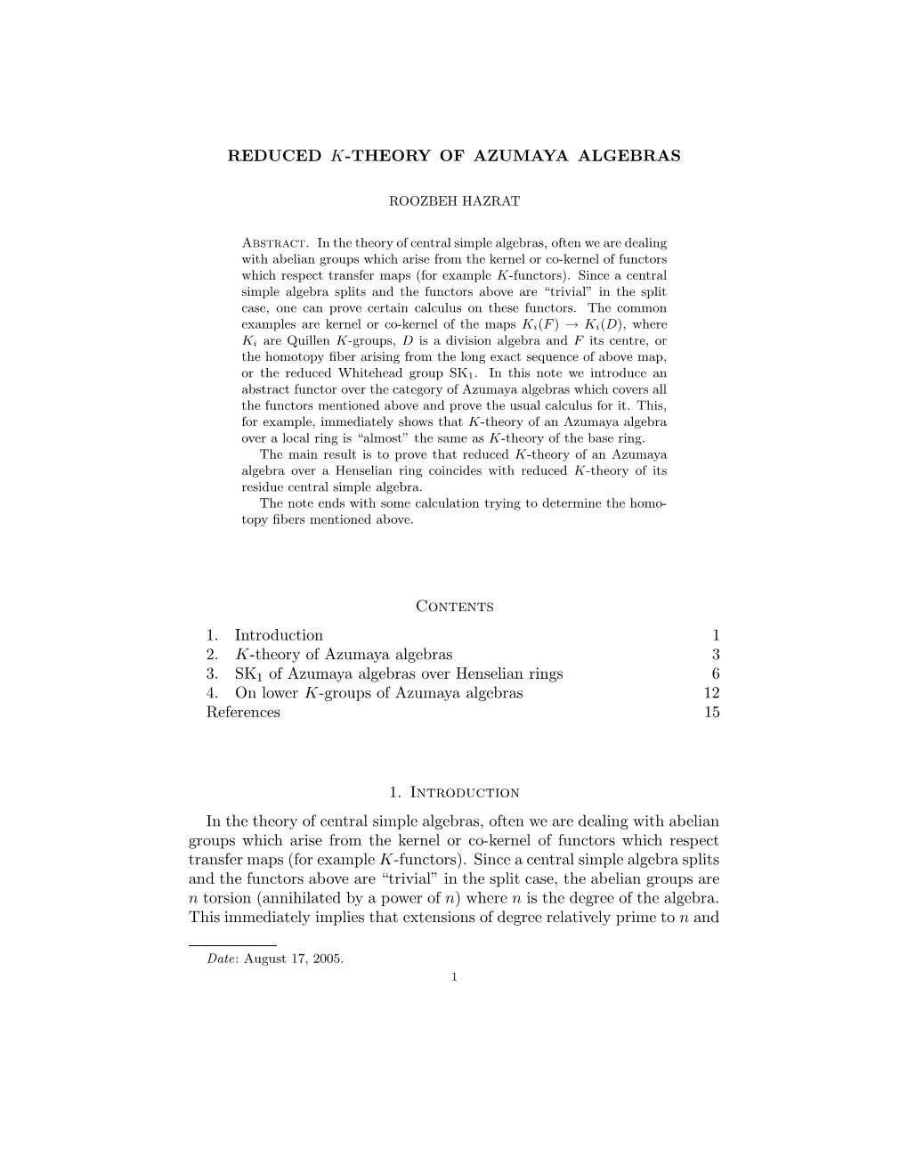 REDUCED K-THEORY of AZUMAYA ALGEBRAS Contents 1