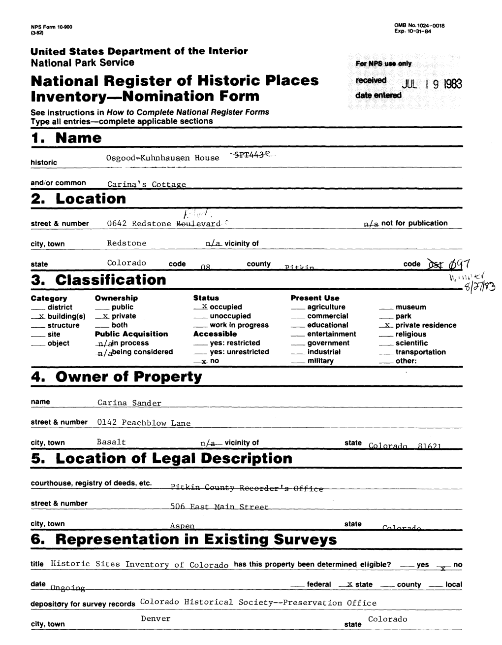 National Register of Historic Places Inventory—Nomination Form 1. Name 2. Location 3. Classification • 4. Owner of Property