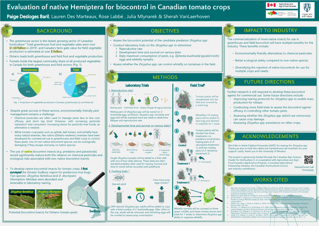 Evaluation of Native Hemiptera for Biocontrol in Canadian Tomato Crops Paige Desloges Baril, Lauren Des Marteaux, Rose Labbé , Julia Mlynarek & Sherah Vanlaerhoven