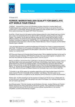 Ferrer, Marray/Nielsen Qualify for Barclays Atp World Tour Finals