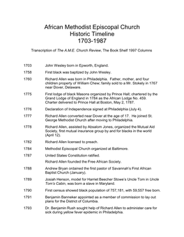 African Methodist Episcopal Church Historic Timeline 1703-1987