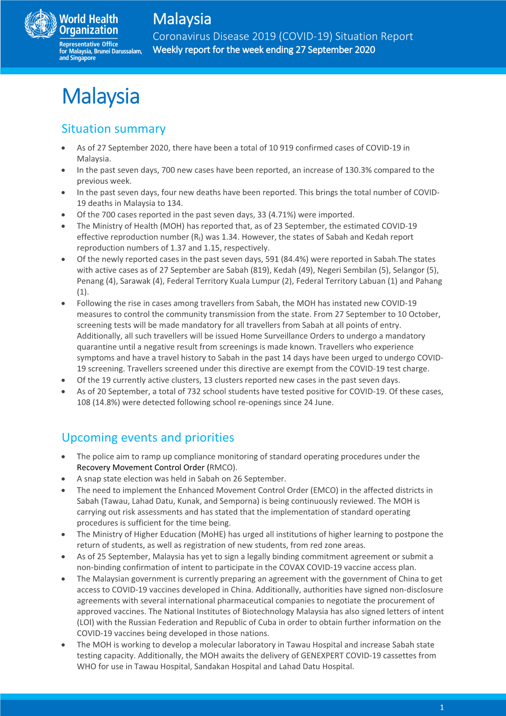 Malaysia Coronavirus Disease 2019 (COVID-19) Situation Report Weekly Report for the Week Ending 27 September 2020