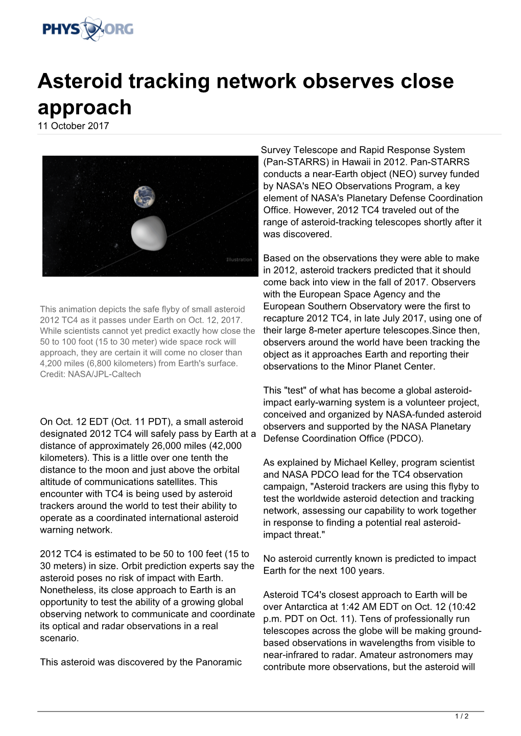 Asteroid Tracking Network Observes Close Approach 11 October 2017