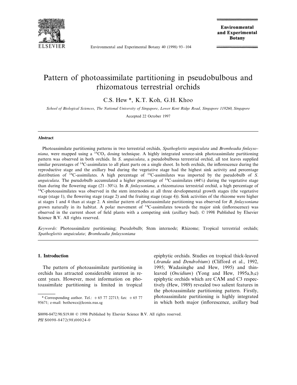 Pattern of Photoassimilate Partitioning in Pseudobulbous and Rhizomatous Terrestrial Orchids