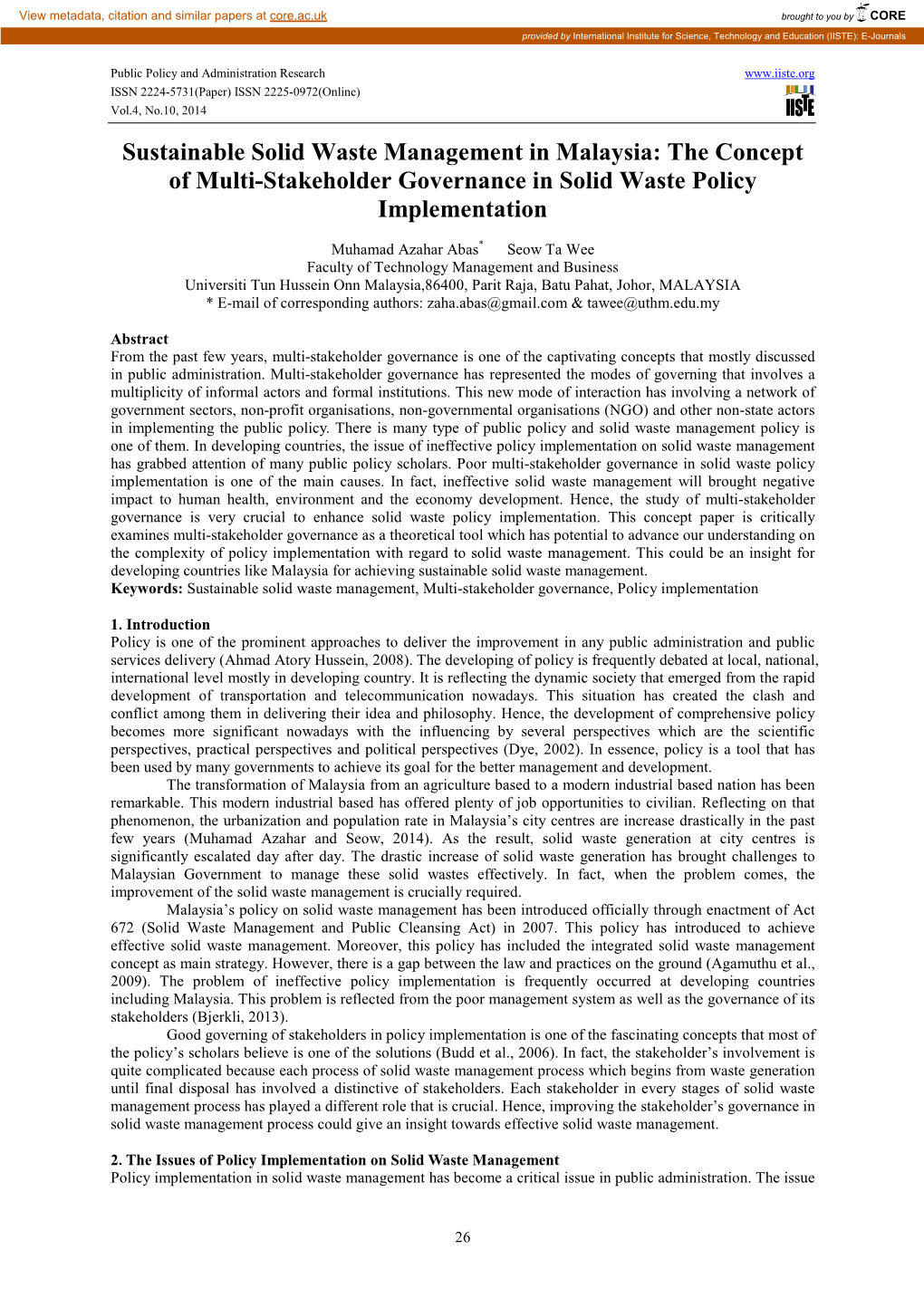 Sustainable Solid Waste Management in Malaysia: the Concept of Multi-Stakeholder Governance in Solid Waste Policy Implementation