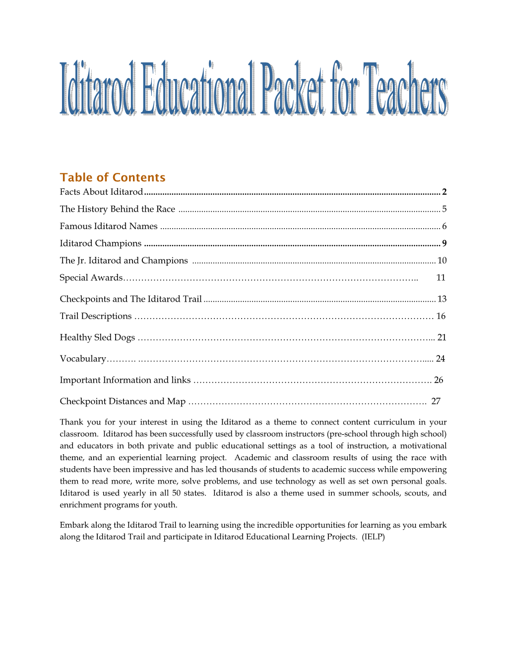 Table of Contents Facts About Iditarod