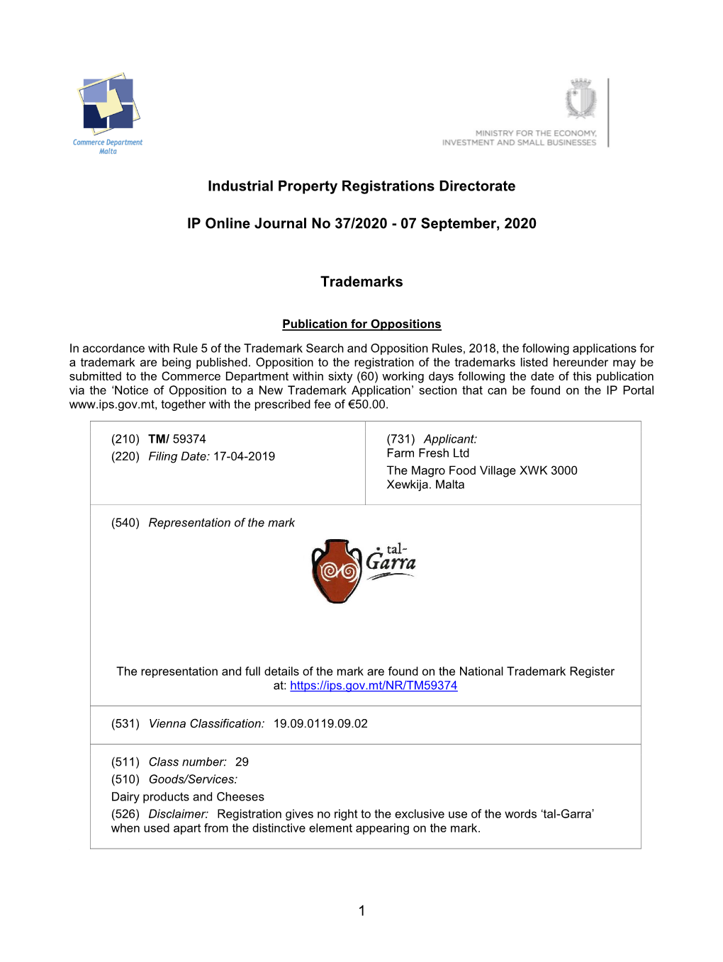 1 Industrial Property Registrations Directorate IP Online Journal No 37
