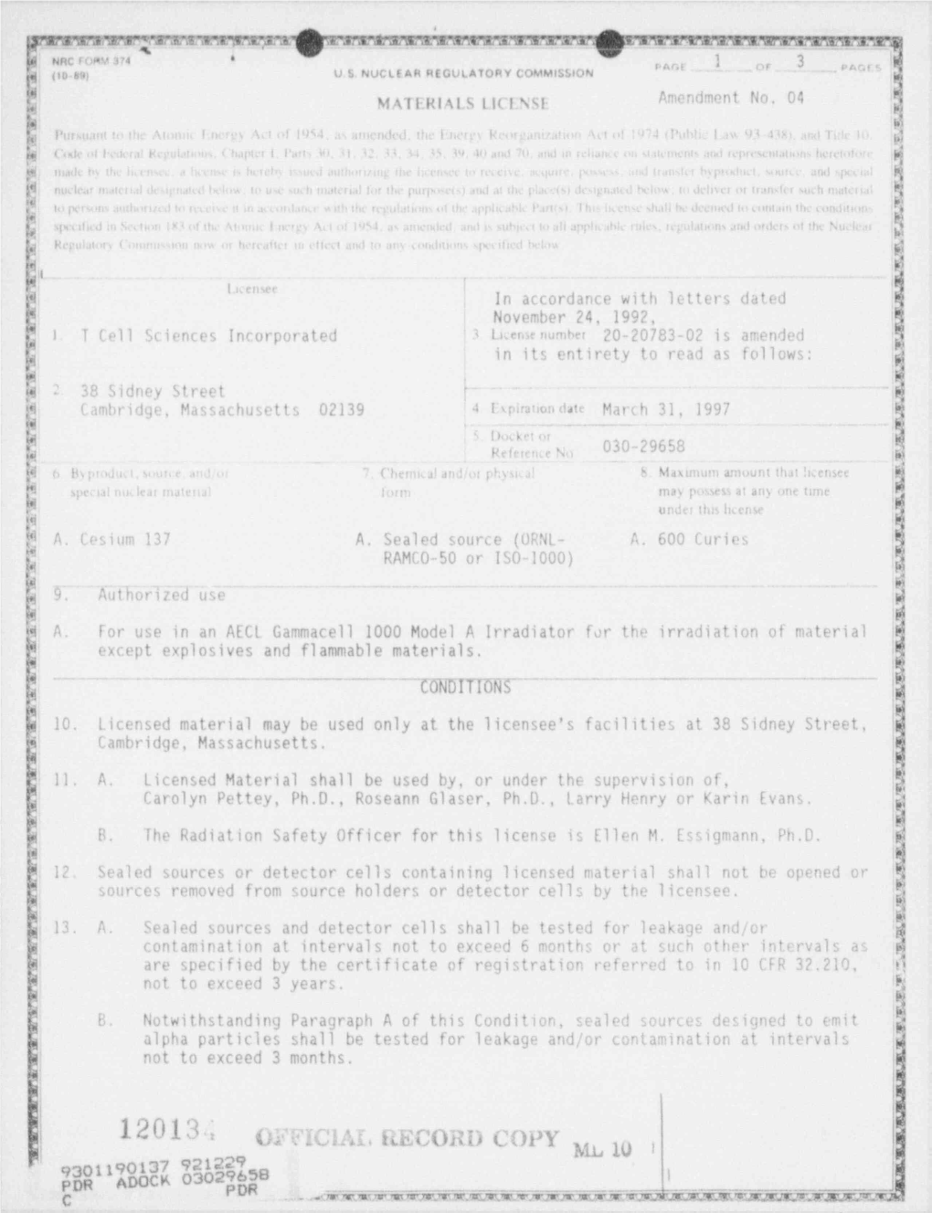 Matls Licensing Package for Amend 4 to License 20-20783-02 for T Cell